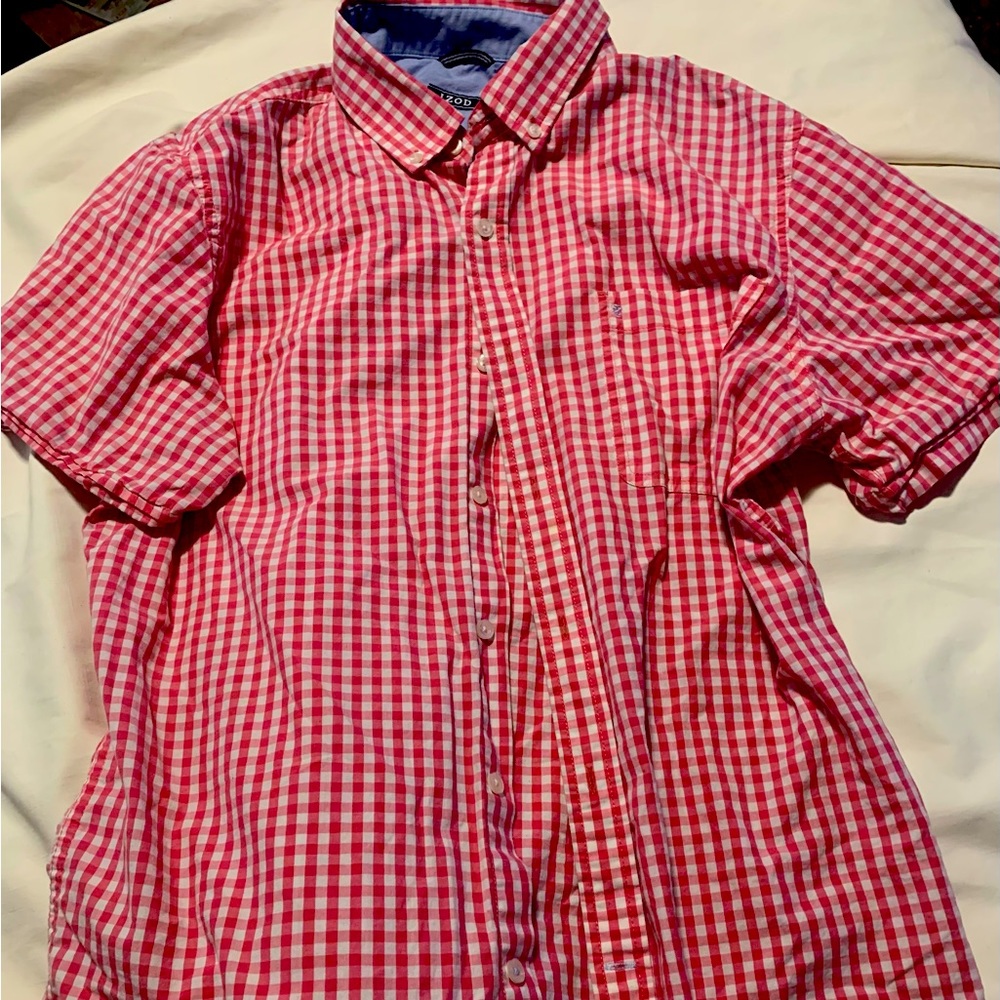 Red Plaid Button Up Short Sleeve Shirt Large Mens